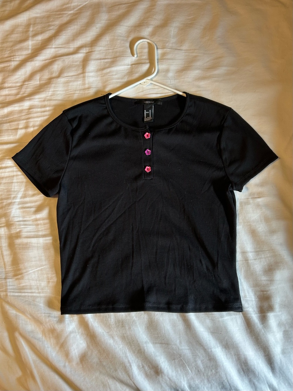 Black Flower Button Baby Tee